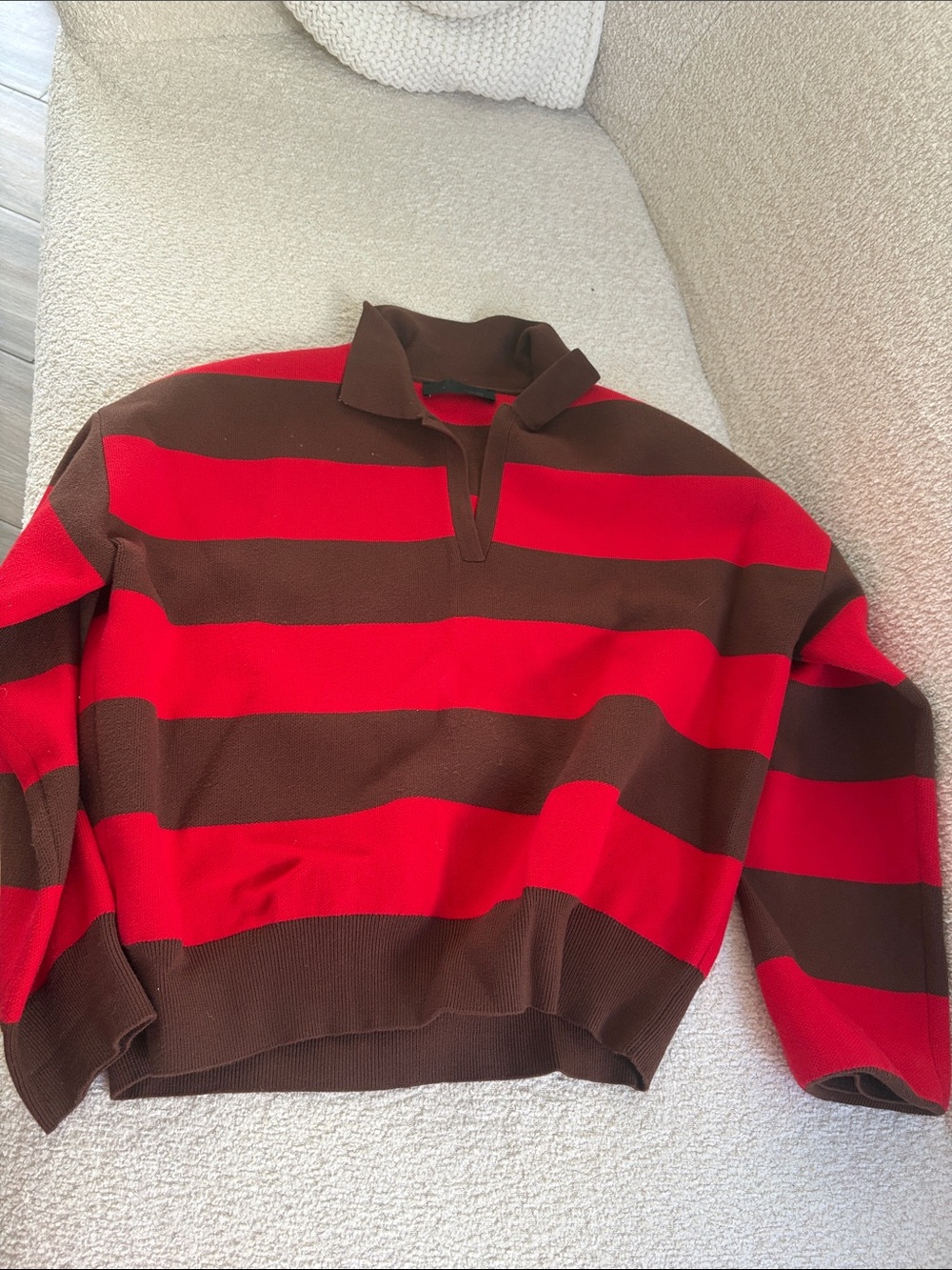 Zara Women's Red and Brown Striped Knit Polo Sweater